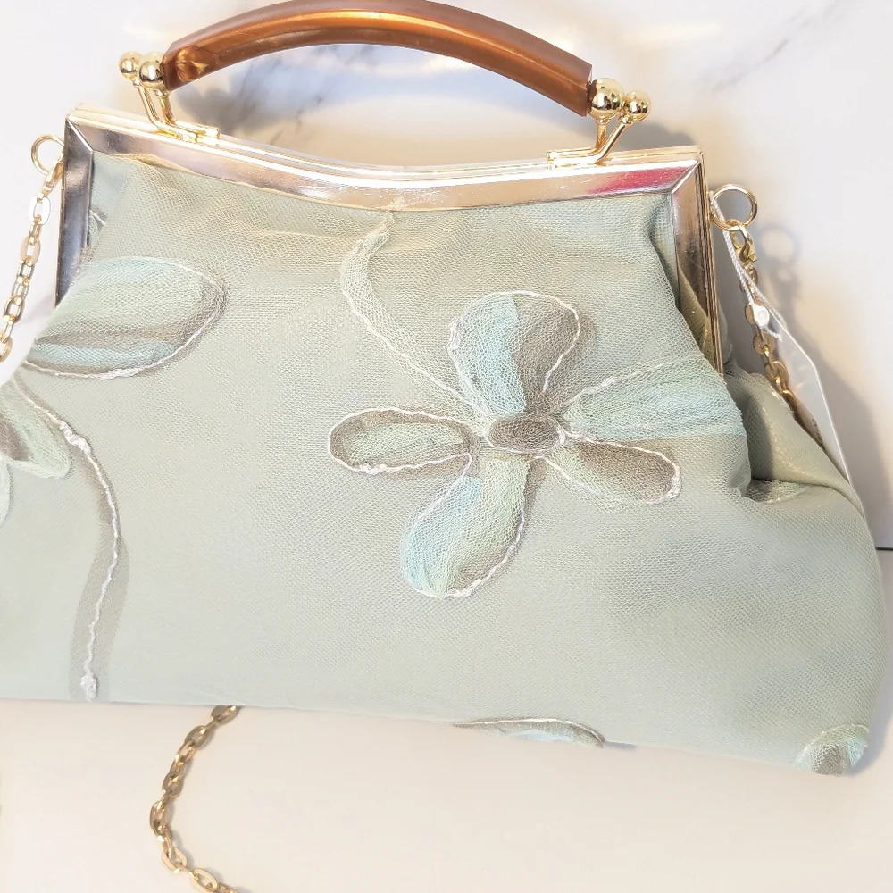 Floral Embroidered‎ Clutch with Gold Chain